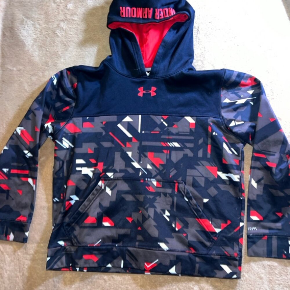 Under Armour Youth Large Black Red White Digital Print‎ Lined Pullover Hoodie